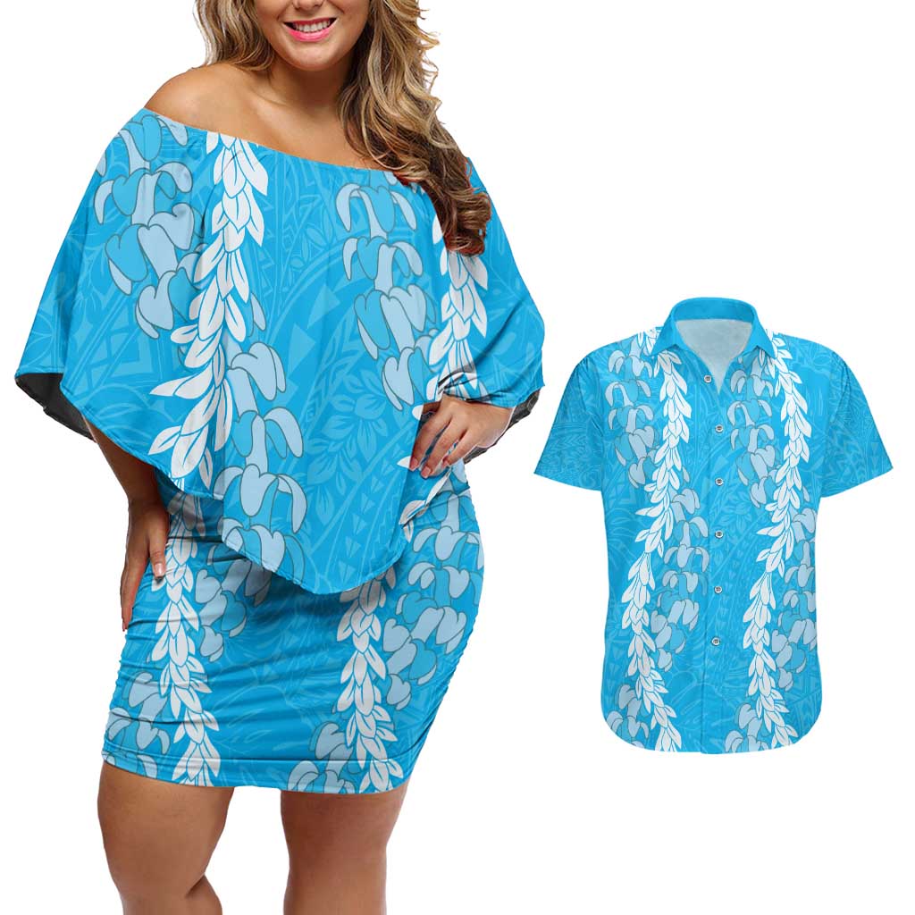 Puakenikeni and Maile Lei Couples Matching Off Shoulder Short Dress and Hawaiian Shirt Blue Double Strand Lei LT9 Blue - Polynesian Pride