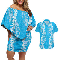 Puakenikeni and Maile Lei Couples Matching Off Shoulder Short Dress and Hawaiian Shirt Blue Double Strand Lei LT9 Blue - Polynesian Pride