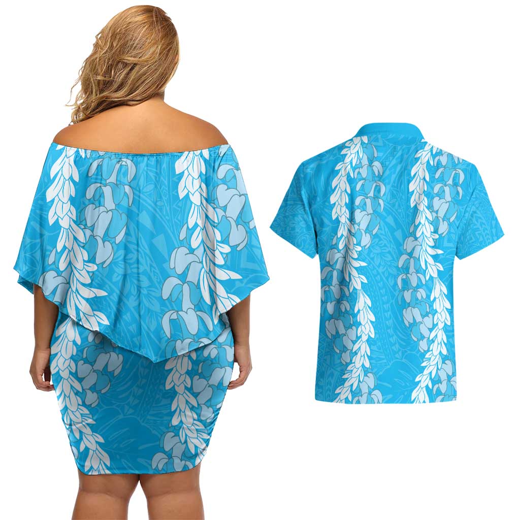 Puakenikeni and Maile Lei Couples Matching Off Shoulder Short Dress and Hawaiian Shirt Blue Double Strand Lei LT9 - Polynesian Pride