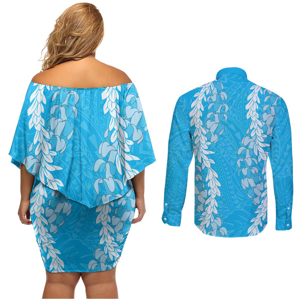 Puakenikeni and Maile Lei Couples Matching Off Shoulder Short Dress and Long Sleeve Button Shirt Blue Double Strand Lei LT9 - Polynesian Pride