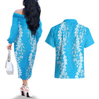 Puakenikeni and Maile Lei Couples Matching Off The Shoulder Long Sleeve Dress and Hawaiian Shirt Blue Double Strand Lei LT9 - Polynesian Pride