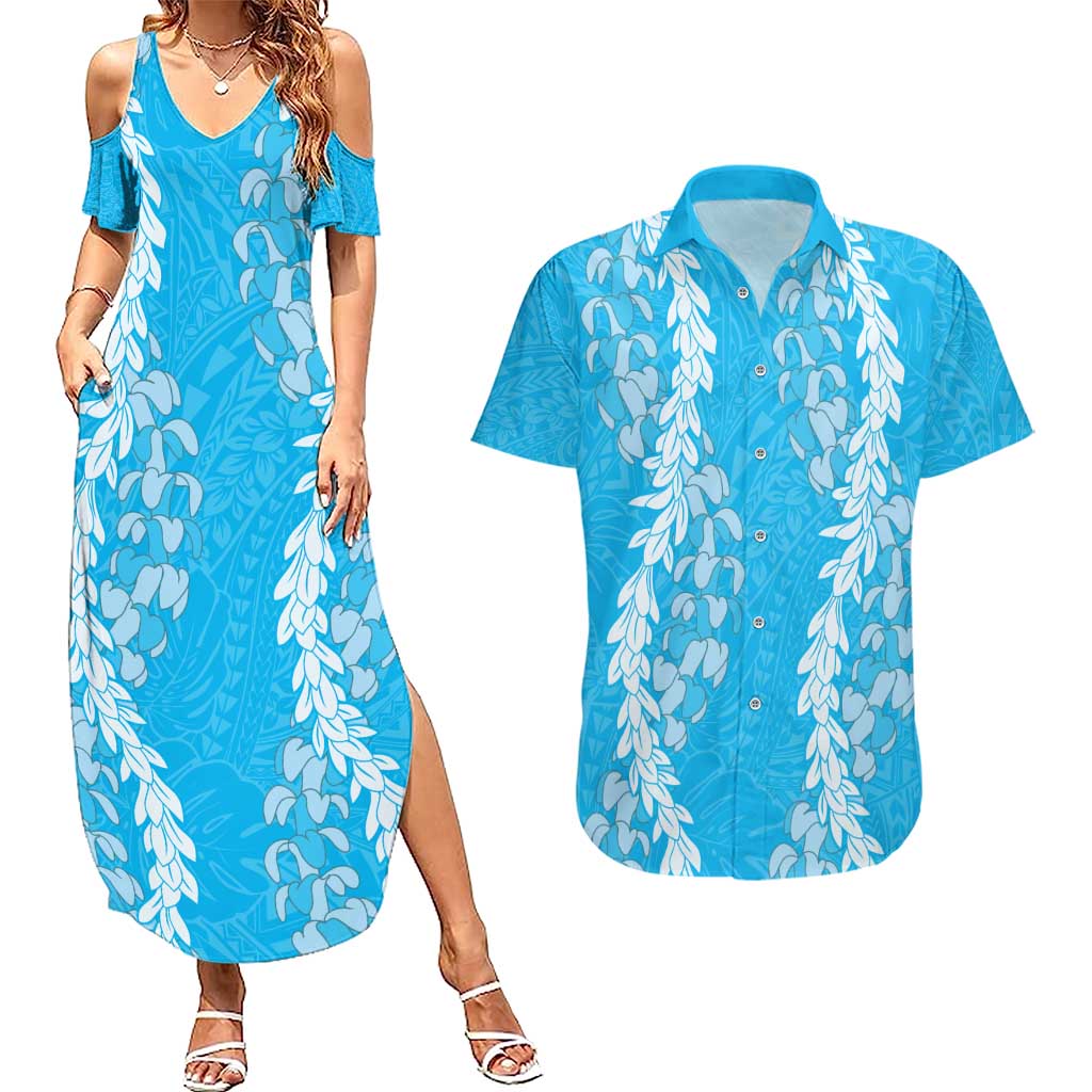 Puakenikeni and Maile Lei Couples Matching Summer Maxi Dress and Hawaiian Shirt Blue Double Strand Lei LT9 Blue - Polynesian Pride
