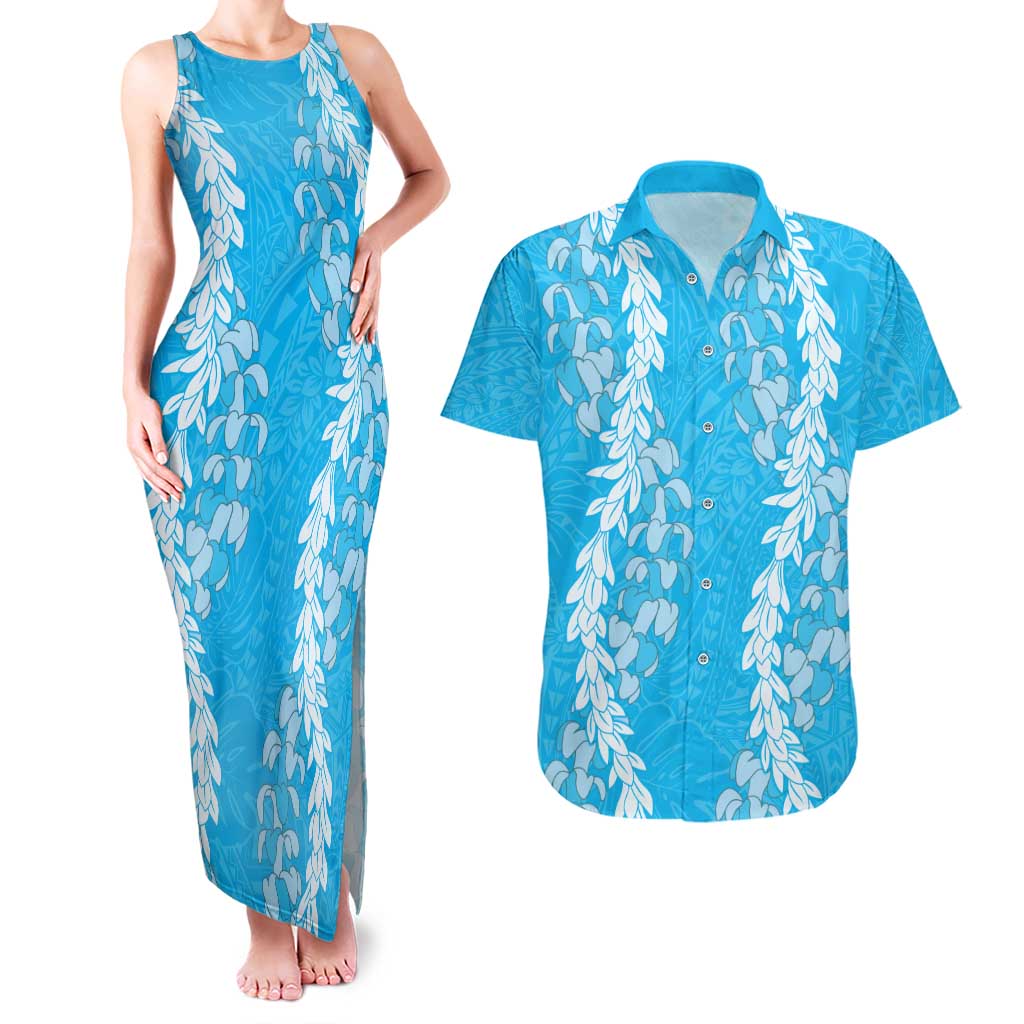 Puakenikeni and Maile Lei Couples Matching Tank Maxi Dress and Hawaiian Shirt Blue Double Strand Lei LT9 Blue - Polynesian Pride