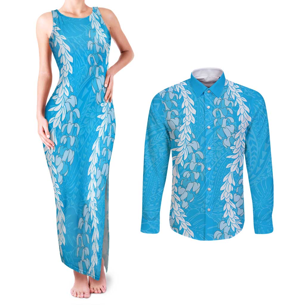 Puakenikeni and Maile Lei Couples Matching Tank Maxi Dress and Long Sleeve Button Shirt Blue Double Strand Lei LT9 Blue - Polynesian Pride