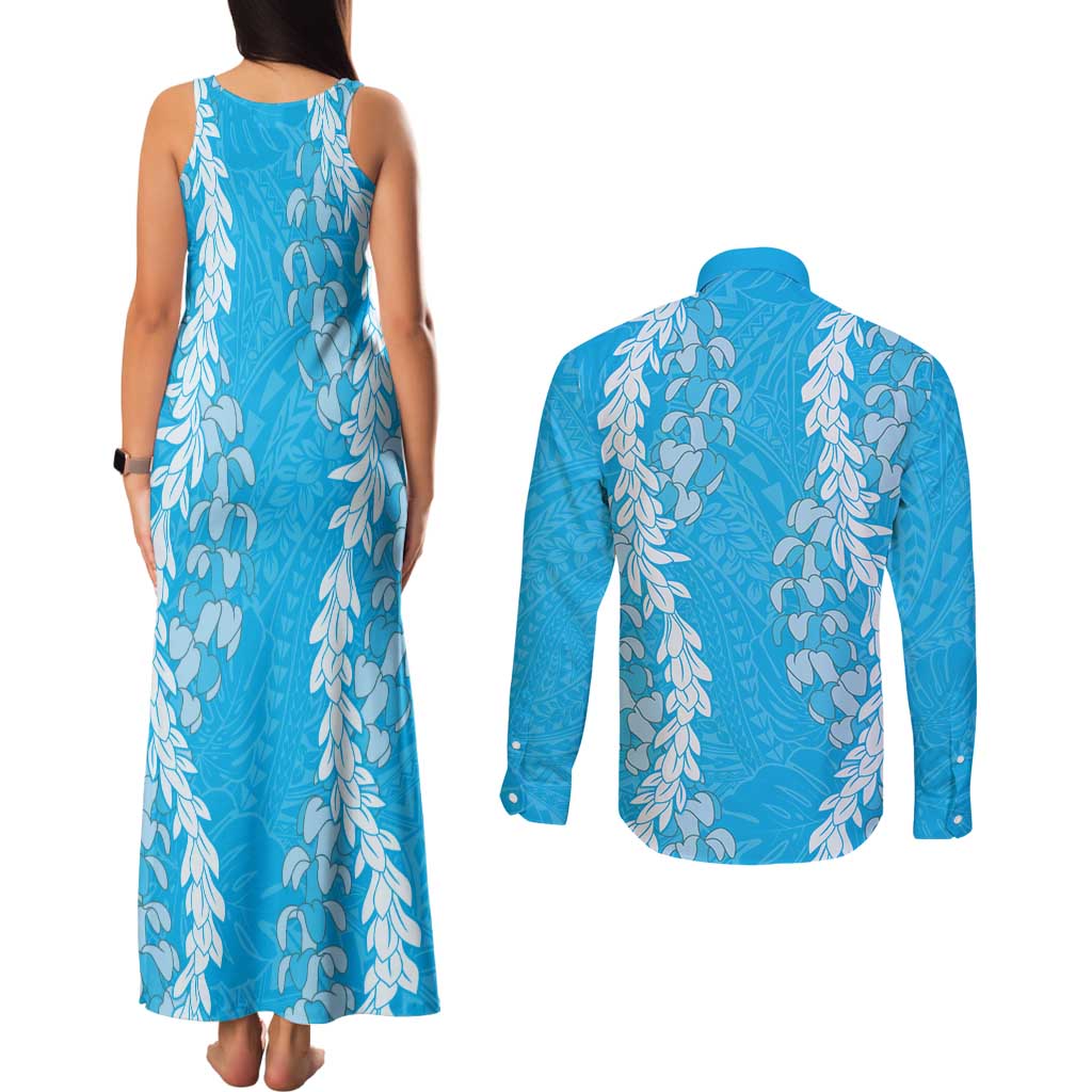 Puakenikeni and Maile Lei Couples Matching Tank Maxi Dress and Long Sleeve Button Shirt Blue Double Strand Lei LT9 - Polynesian Pride