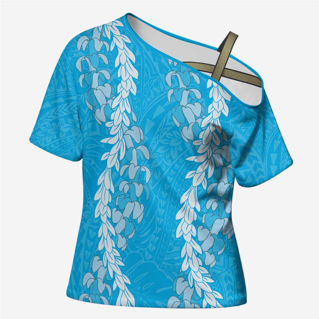 Puakenikeni and Maile Lei Cross Shoulder Shirt Blue Double Strand Lei LT9 Female Blue - Polynesian Pride