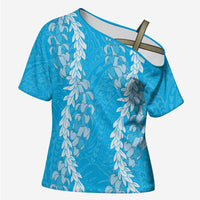 Puakenikeni and Maile Lei Cross Shoulder Shirt Blue Double Strand Lei LT9 Female Blue - Polynesian Pride