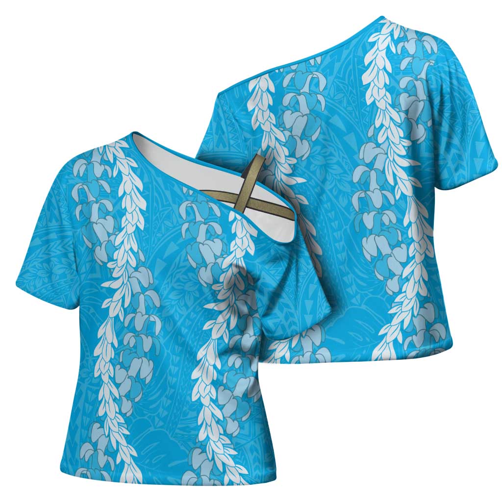 Puakenikeni and Maile Lei Cross Shoulder Shirt Blue Double Strand Lei LT9 - Polynesian Pride
