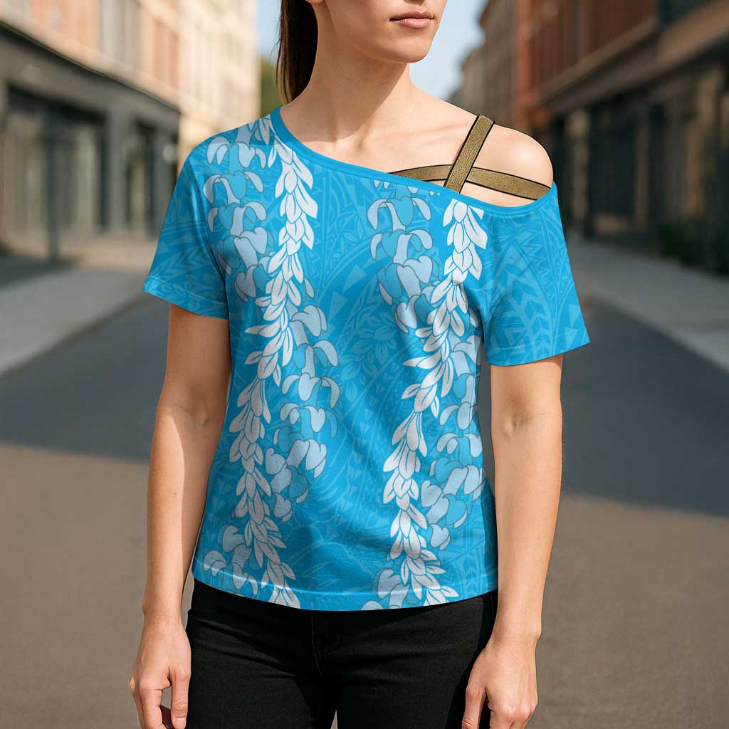 Puakenikeni and Maile Lei Cross Shoulder Shirt Blue Double Strand Lei LT9 - Polynesian Pride