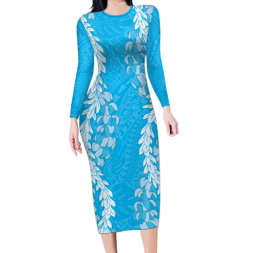 Puakenikeni and Maile Lei Family Matching Long Sleeve Bodycon Dress and Hawaiian Shirt Blue Double Strand Lei LT9 Mom's Dress Blue - Polynesian Pride