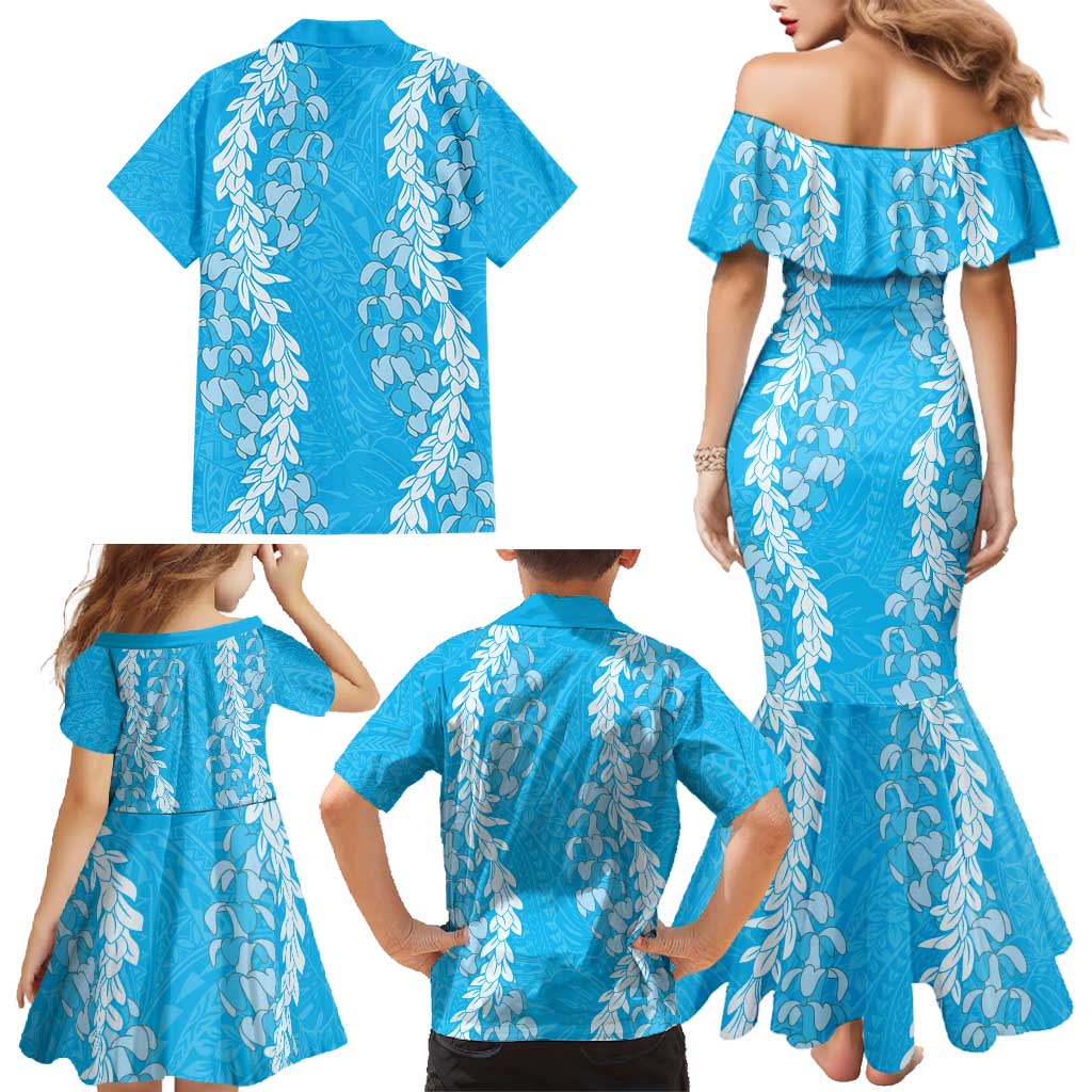 Puakenikeni and Maile Lei Family Matching Mermaid Dress and Hawaiian Shirt Blue Double Strand Lei LT9 - Polynesian Pride
