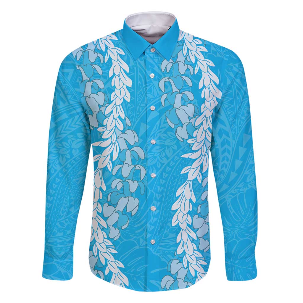 Puakenikeni and Maile Lei Family Matching Mermaid Dress and Hawaiian Shirt Blue Double Strand Lei LT9 Dad's Shirt - Long Sleeve Blue - Polynesian Pride