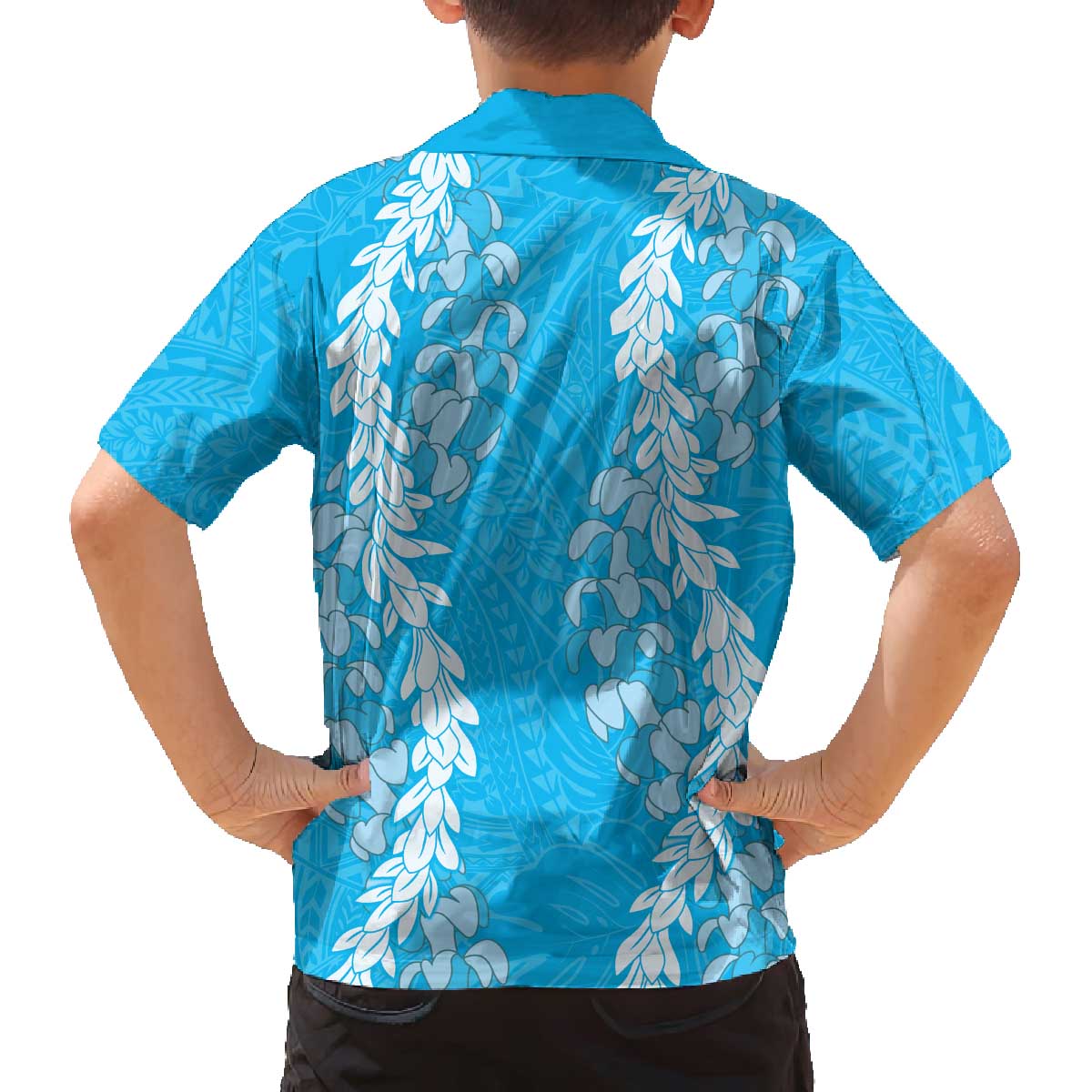 Puakenikeni and Maile Lei Family Matching Off The Shoulder Long Sleeve Dress and Hawaiian Shirt Blue Double Strand Lei LT9 - Polynesian Pride