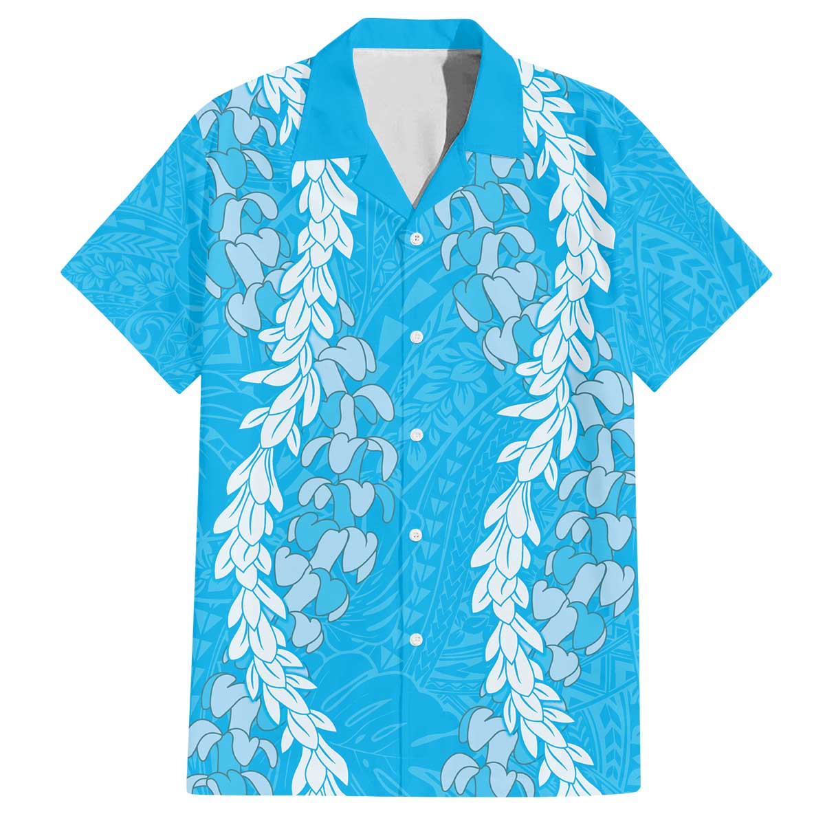 Puakenikeni and Maile Lei Family Matching Off The Shoulder Long Sleeve Dress and Hawaiian Shirt Blue Double Strand Lei LT9 Dad's Shirt - Short Sleeve Blue - Polynesian Pride
