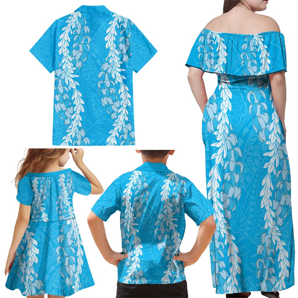 Puakenikeni and Maile Lei Family Matching Off Shoulder Maxi Dress and Hawaiian Shirt Blue Double Strand Lei LT9 - Polynesian Pride