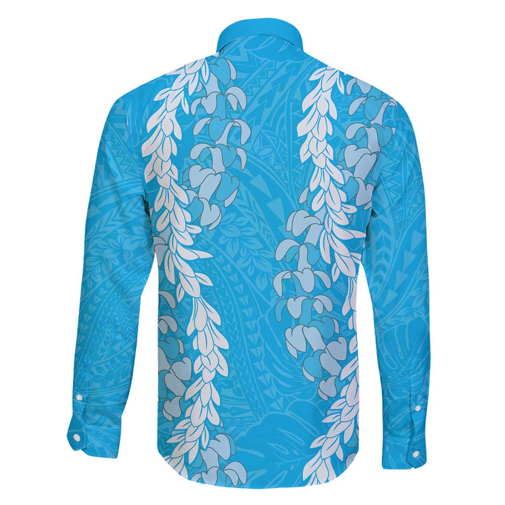 Puakenikeni and Maile Lei Family Matching Off Shoulder Maxi Dress and Hawaiian Shirt Blue Double Strand Lei LT9 - Polynesian Pride