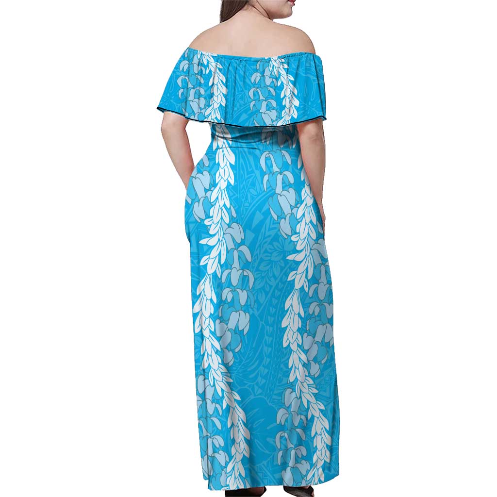 Puakenikeni and Maile Lei Family Matching Off Shoulder Maxi Dress and Hawaiian Shirt Blue Double Strand Lei LT9 - Polynesian Pride