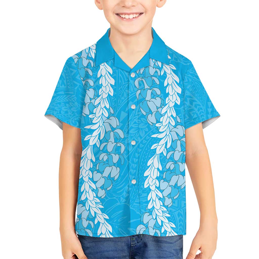 Puakenikeni and Maile Lei Family Matching Off Shoulder Maxi Dress and Hawaiian Shirt Blue Double Strand Lei LT9 Son's Shirt Blue - Polynesian Pride