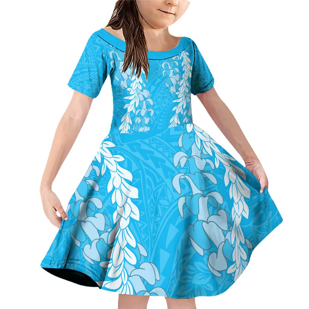 Puakenikeni and Maile Lei Family Matching Off Shoulder Short Dress and Hawaiian Shirt Blue Double Strand Lei LT9 Daughter's Dress Blue - Polynesian Pride