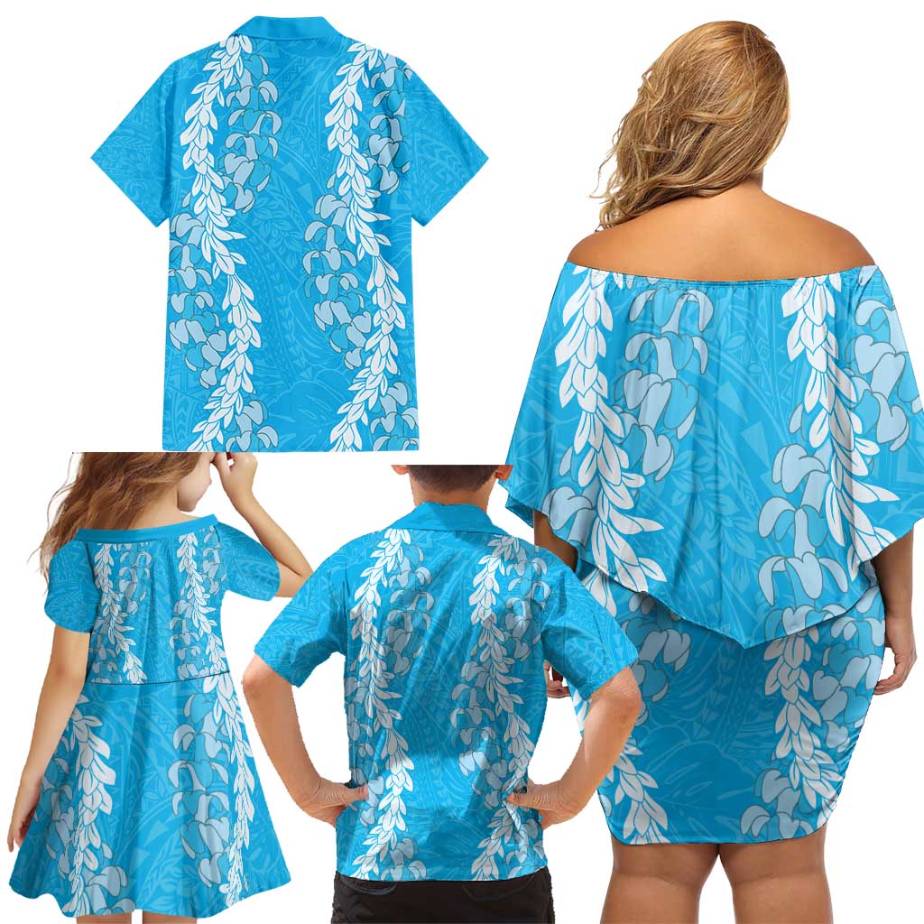 Puakenikeni and Maile Lei Family Matching Off Shoulder Short Dress and Hawaiian Shirt Blue Double Strand Lei LT9 - Polynesian Pride