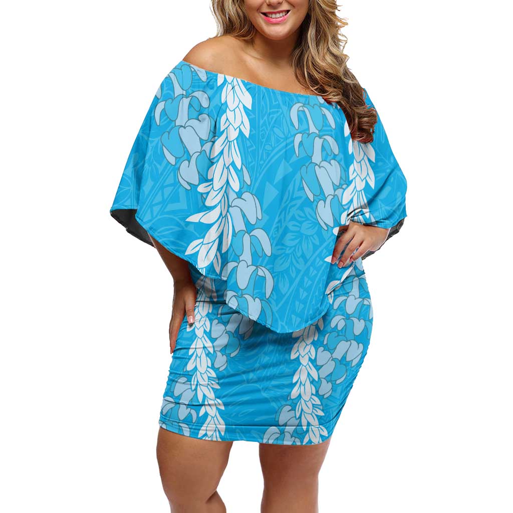 Puakenikeni and Maile Lei Family Matching Off Shoulder Short Dress and Hawaiian Shirt Blue Double Strand Lei LT9 Mom's Dress Blue - Polynesian Pride