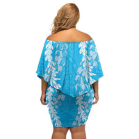 Puakenikeni and Maile Lei Family Matching Off Shoulder Short Dress and Hawaiian Shirt Blue Double Strand Lei LT9 - Polynesian Pride