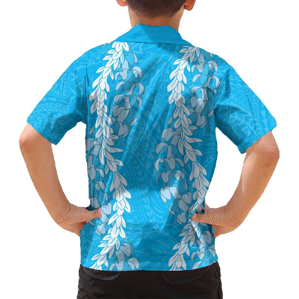 Puakenikeni and Maile Lei Family Matching Puletasi and Hawaiian Shirt Blue Double Strand Lei LT9 - Polynesian Pride