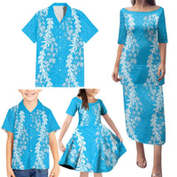 Puakenikeni and Maile Lei Family Matching Puletasi and Hawaiian Shirt Blue Double Strand Lei LT9 - Polynesian Pride
