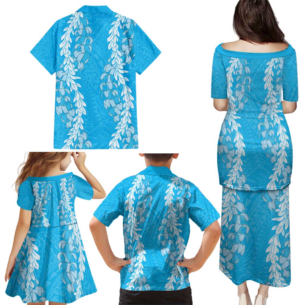 Puakenikeni and Maile Lei Family Matching Puletasi and Hawaiian Shirt Blue Double Strand Lei LT9 - Polynesian Pride