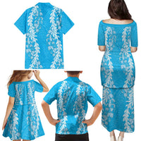 Puakenikeni and Maile Lei Family Matching Puletasi and Hawaiian Shirt Blue Double Strand Lei LT9 - Polynesian Pride