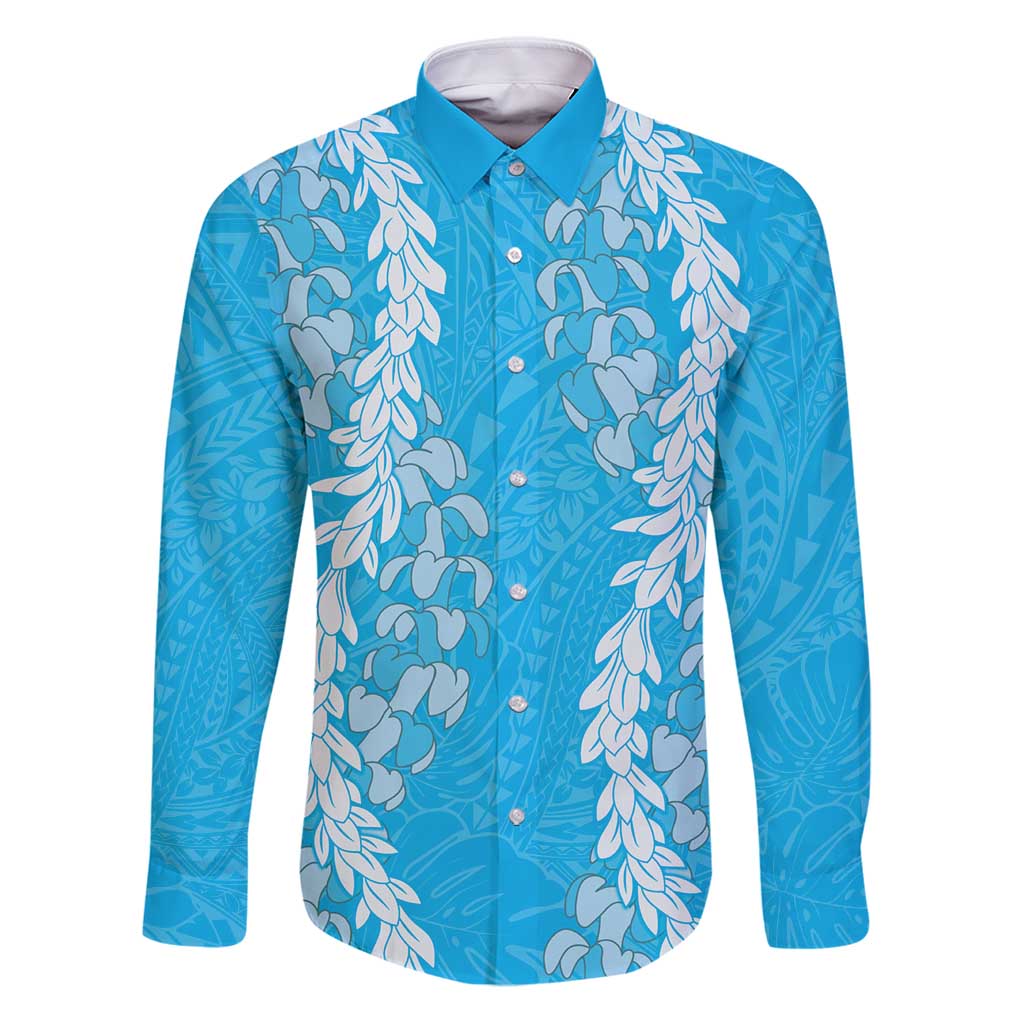 Puakenikeni and Maile Lei Family Matching Puletasi and Hawaiian Shirt Blue Double Strand Lei LT9 Dad's Shirt - Long Sleeve Blue - Polynesian Pride