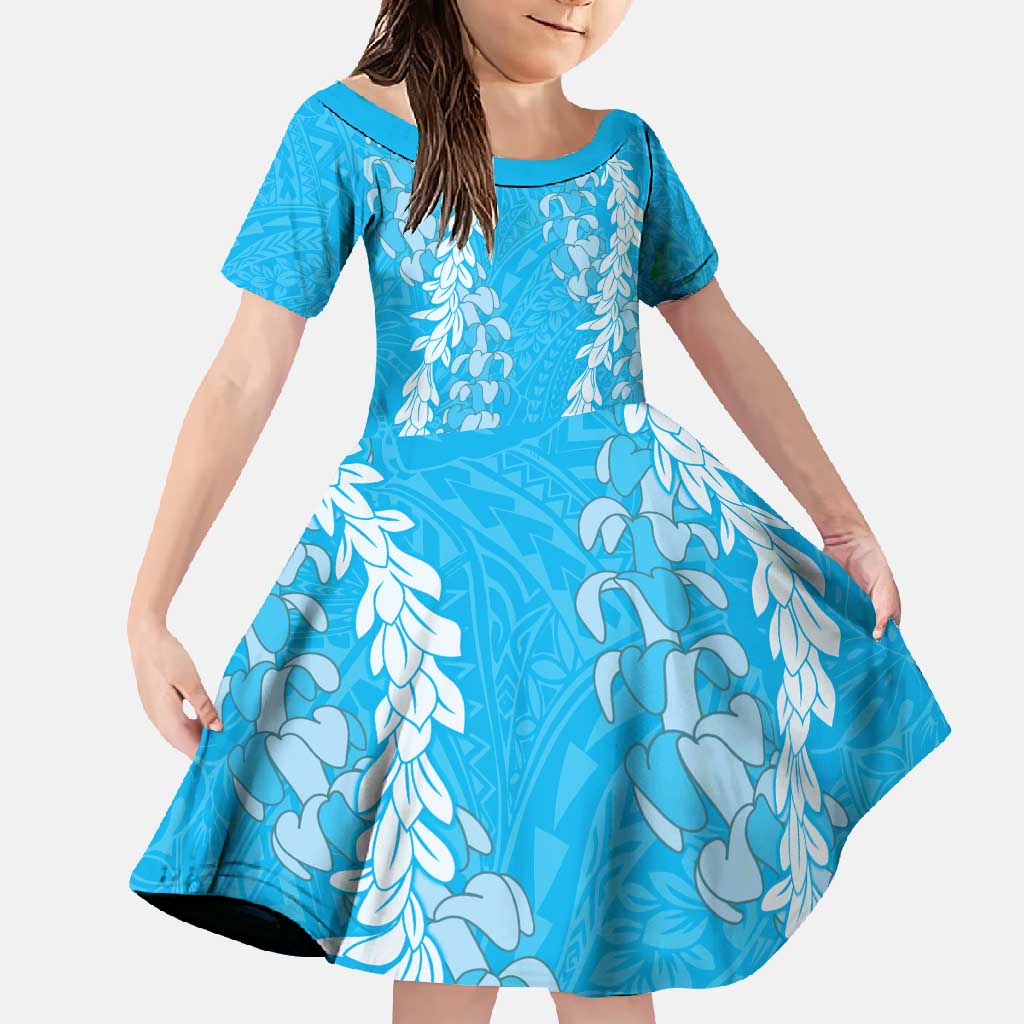 Puakenikeni and Maile Lei Family Matching Short Sleeve Bodycon Dress and Hawaiian Shirt Blue Double Strand Lei LT9 Daughter's Dress Blue - Polynesian Pride
