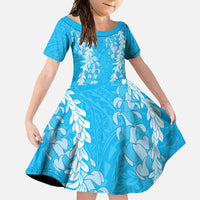 Puakenikeni and Maile Lei Family Matching Short Sleeve Bodycon Dress and Hawaiian Shirt Blue Double Strand Lei LT9 Daughter's Dress Blue - Polynesian Pride
