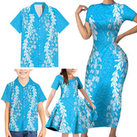 Puakenikeni and Maile Lei Family Matching Short Sleeve Bodycon Dress and Hawaiian Shirt Blue Double Strand Lei LT9 - Polynesian Pride