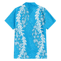 Puakenikeni and Maile Lei Family Matching Short Sleeve Bodycon Dress and Hawaiian Shirt Blue Double Strand Lei LT9 - Polynesian Pride