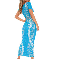 Puakenikeni and Maile Lei Family Matching Short Sleeve Bodycon Dress and Hawaiian Shirt Blue Double Strand Lei LT9 - Polynesian Pride