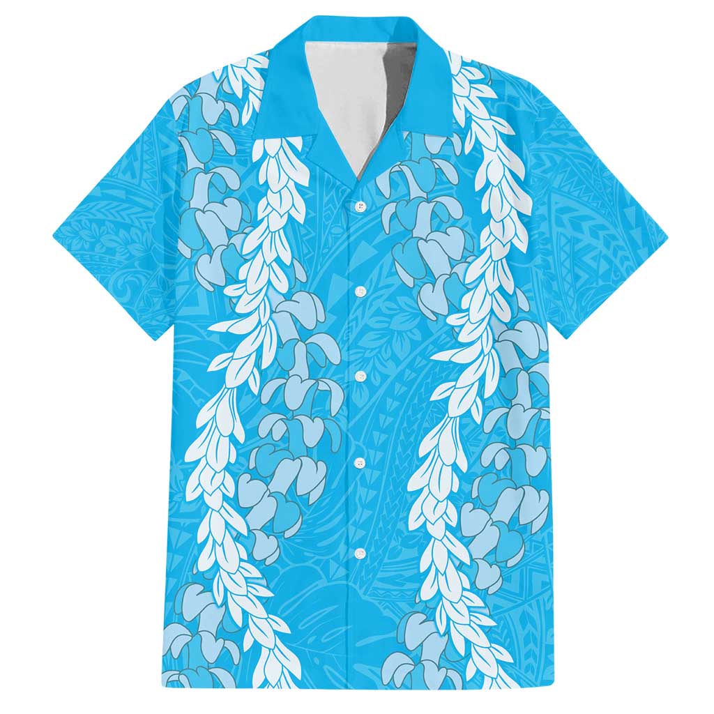 Puakenikeni and Maile Lei Family Matching Summer Maxi Dress and Hawaiian Shirt Blue Double Strand Lei LT9 Dad's Shirt - Short Sleeve Blue - Polynesian Pride