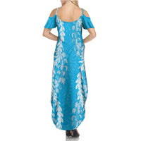 Puakenikeni and Maile Lei Family Matching Summer Maxi Dress and Hawaiian Shirt Blue Double Strand Lei LT9 - Polynesian Pride