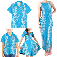 Puakenikeni and Maile Lei Family Matching Tank Maxi Dress and Hawaiian Shirt Blue Double Strand Lei LT9 - Polynesian Pride