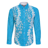 Puakenikeni and Maile Lei Family Matching Tank Maxi Dress and Hawaiian Shirt Blue Double Strand Lei LT9 Dad's Shirt - Long Sleeve Blue - Polynesian Pride