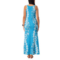 Puakenikeni and Maile Lei Family Matching Tank Maxi Dress and Hawaiian Shirt Blue Double Strand Lei LT9 - Polynesian Pride