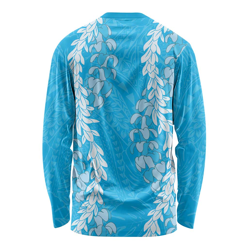 Puakenikeni and Maile Lei Long Sleeve Shirt Blue Double Strand Lei