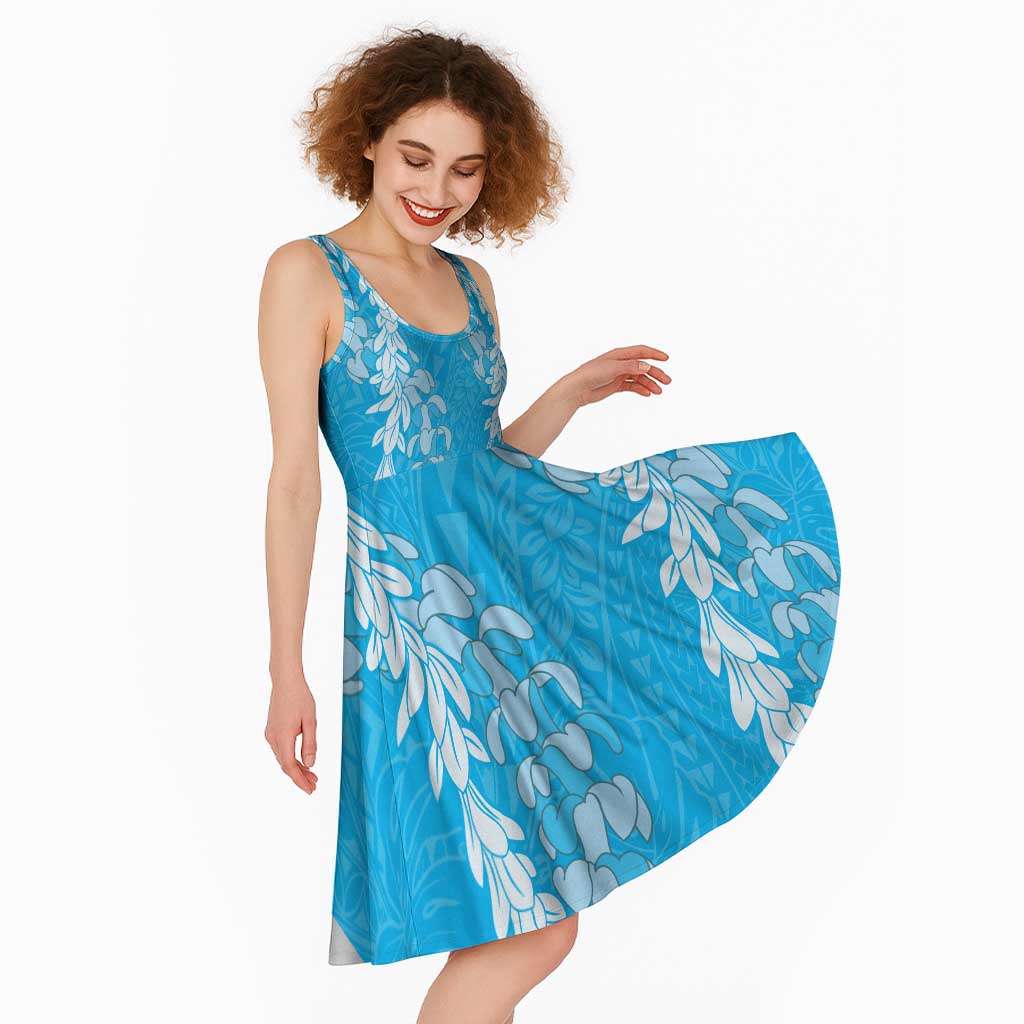 Puakenikeni and Maile Lei Midi Dress Blue Double Strand Lei - Polynesian Pride
