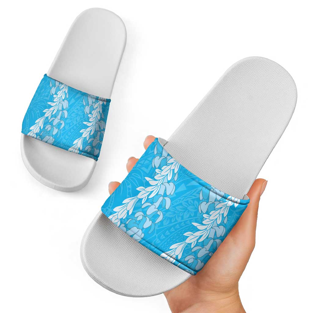 Puakenikeni and Maile Lei Slide Sandals Blue Double Strand Lei - Polynesian Pride