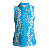 Puakenikeni and Maile Lei Women Sleeveless Polo Shirt Blue Double Strand Lei LT9 Female Blue - Polynesian Pride