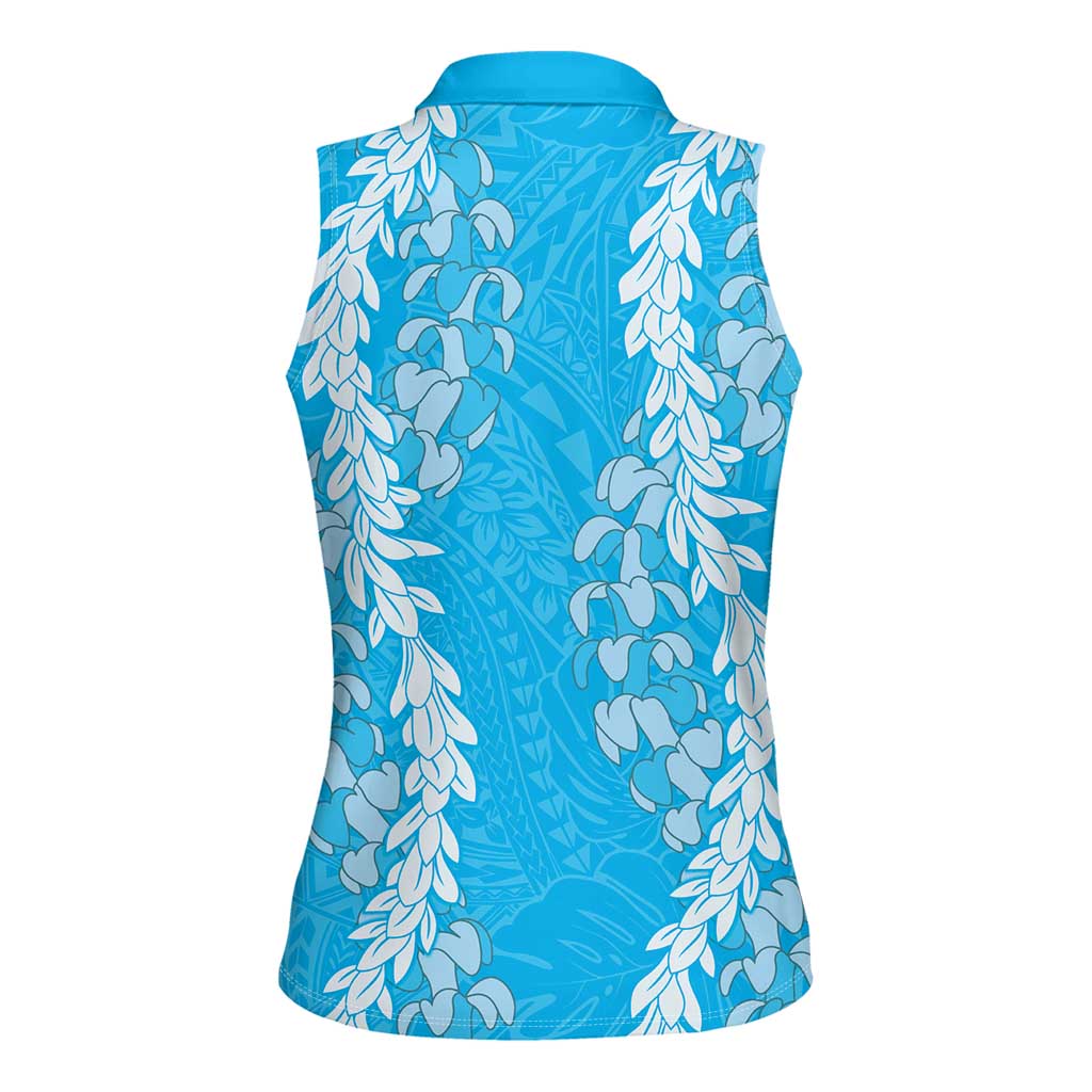 Puakenikeni and Maile Lei Women Sleeveless Polo Shirt Blue Double Strand Lei LT9 - Polynesian Pride
