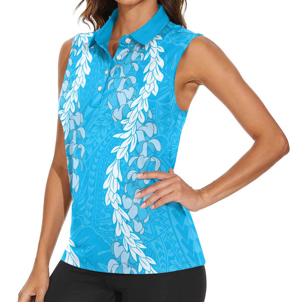 Puakenikeni and Maile Lei Women Sleeveless Polo Shirt Blue Double Strand Lei LT9 - Polynesian Pride