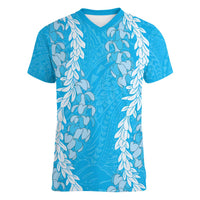 Puakenikeni and Maile Lei Women V-Neck T-Shirt Blue Double Strand Lei LT9 Female Blue - Polynesian Pride