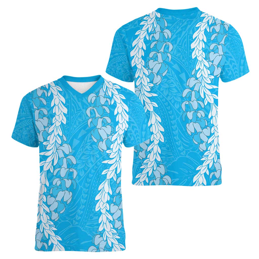 Puakenikeni and Maile Lei Women V-Neck T-Shirt Blue Double Strand Lei LT9 - Polynesian Pride