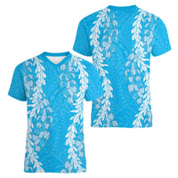 Puakenikeni and Maile Lei Women V-Neck T-Shirt Blue Double Strand Lei LT9 - Polynesian Pride